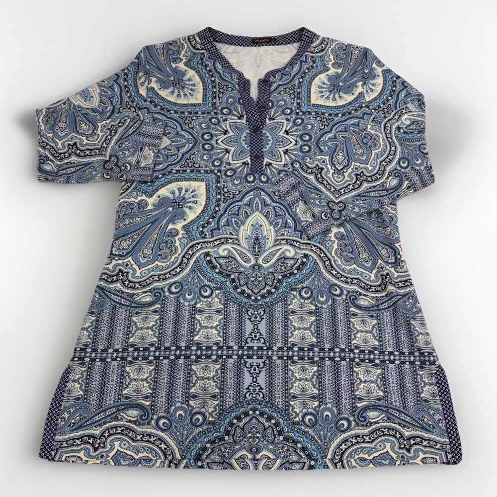 J McLaughlin Tunic Womens Size Large Blue Quarter Button Blouse